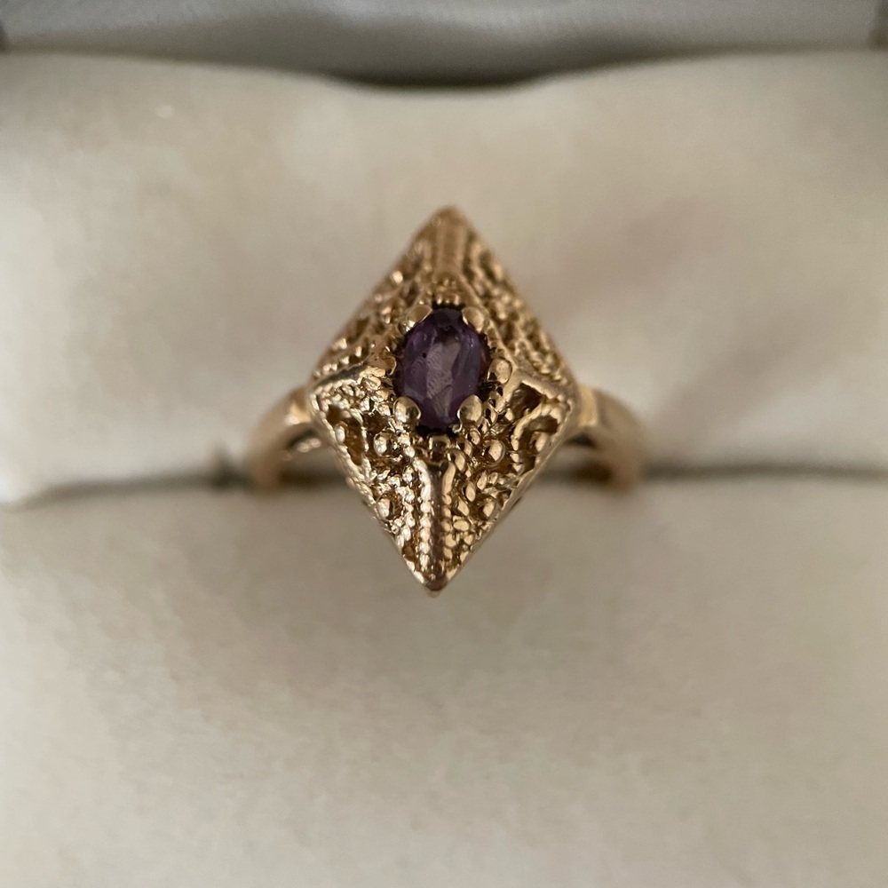 Etruscan 14k Gold Hand Wrought Granulated Filigree Scroll Lozenge Statement Ring - Picture 7 of 15